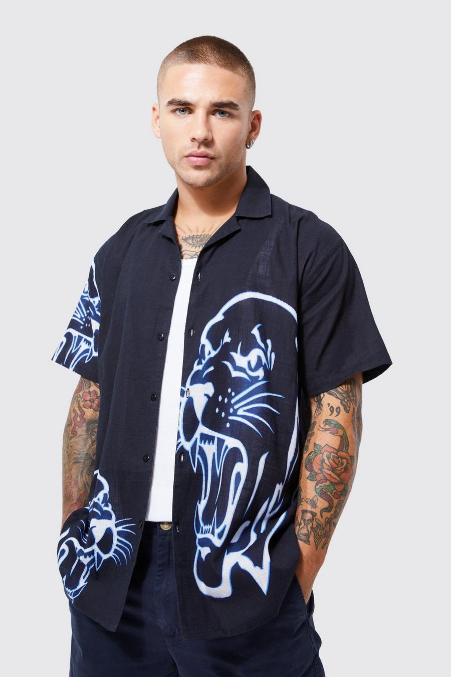 Navy blu oltremare Short Sleeve Oversized Multi Tiger Slub Shirt image number 1