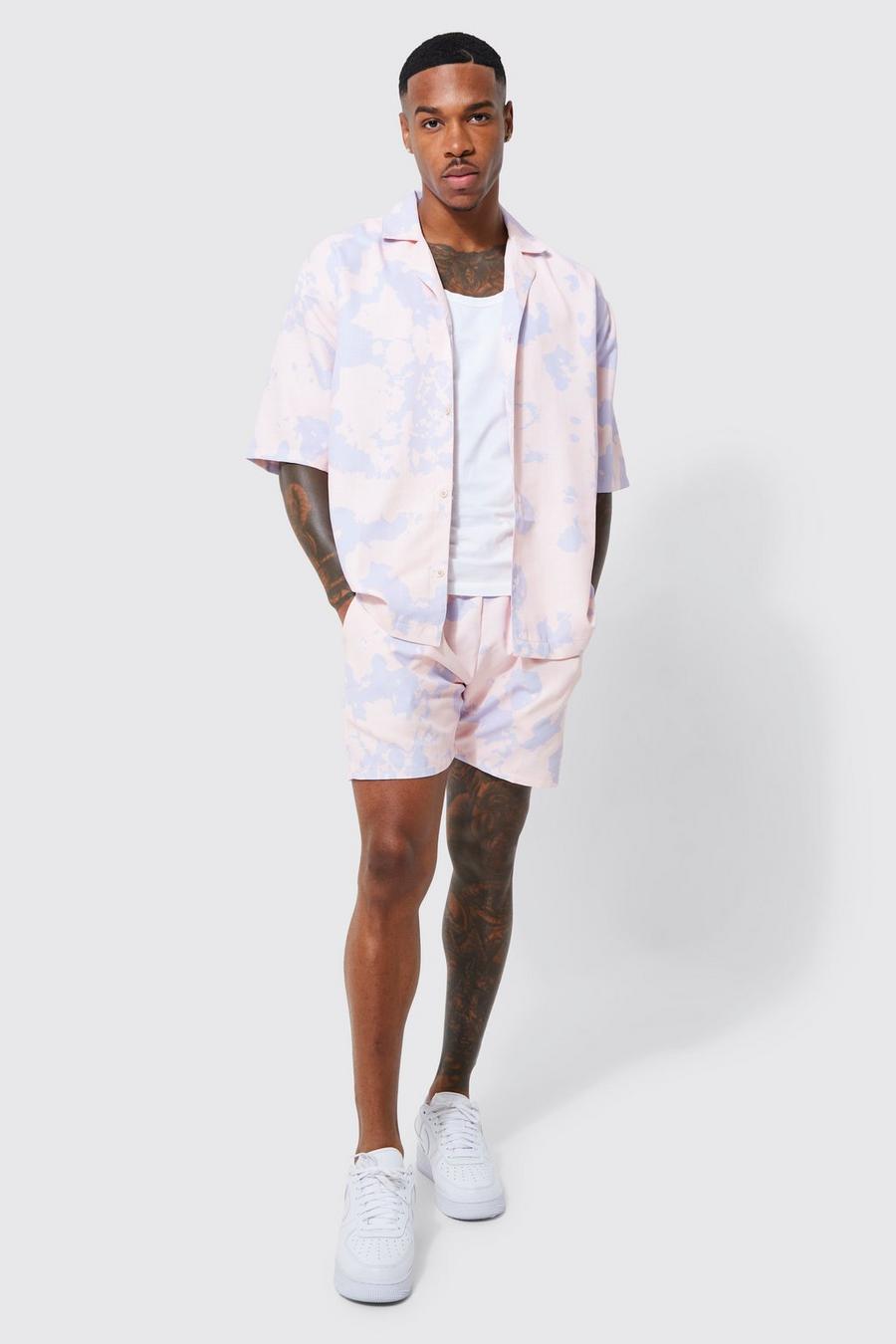 Pale pink Short Sleeve Dropped Revere Pale Tie Dye Shirt And Short