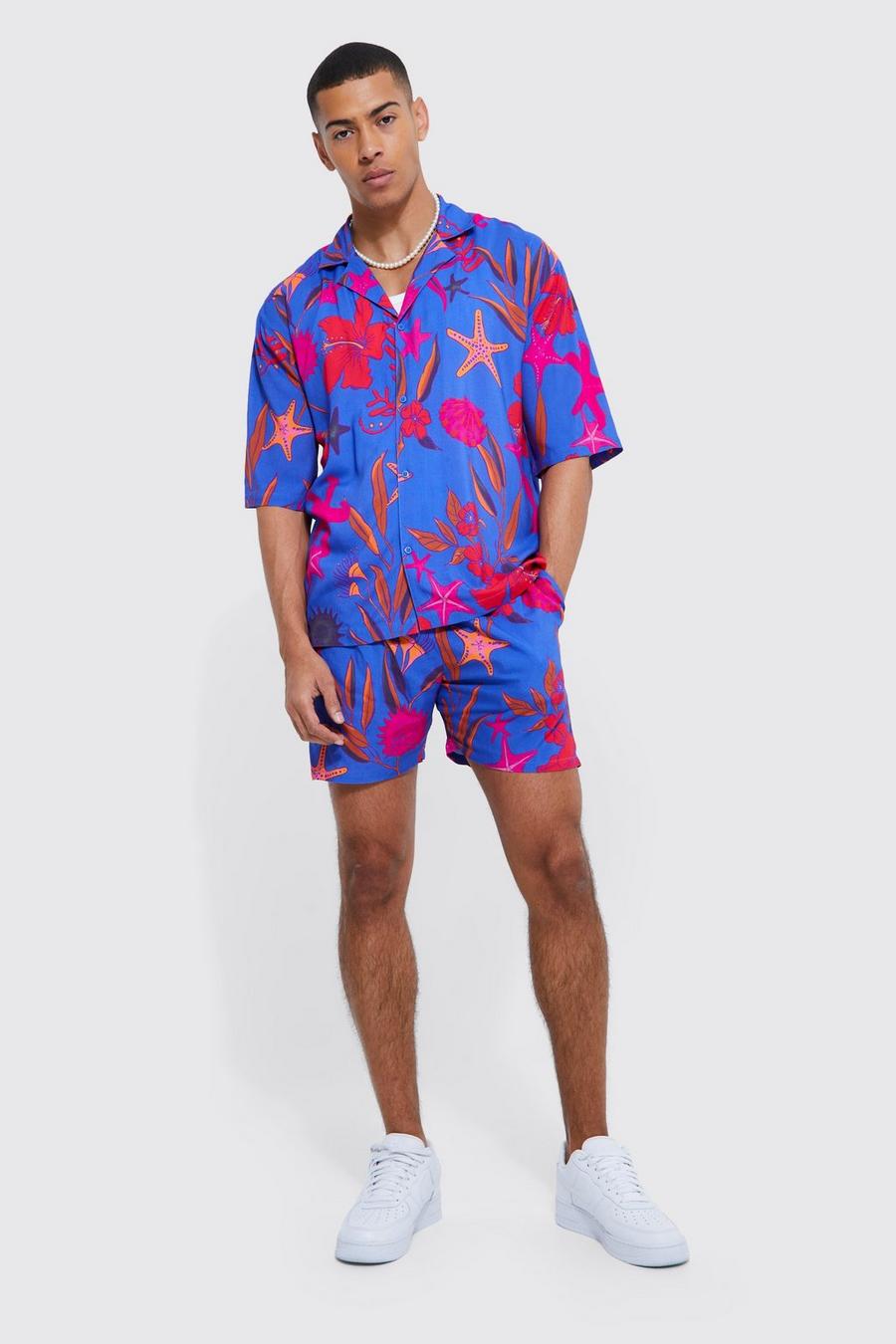 Purple Short Sleeve Dropped Revere Viscose Floral Shirt And Short image number 1