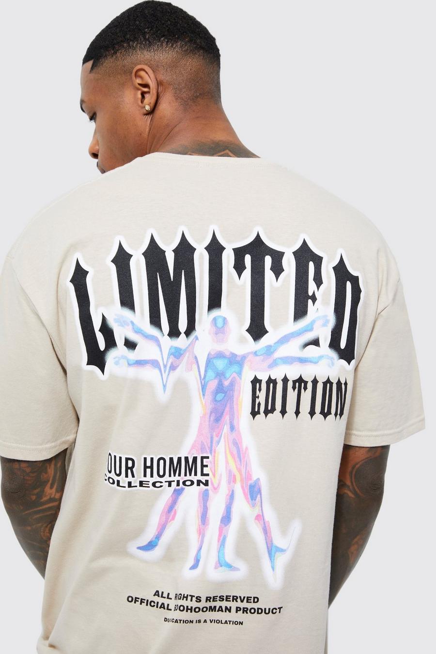 Camiseta oversize con estampado gráfico Limited Edition en la espalda, Sand beige