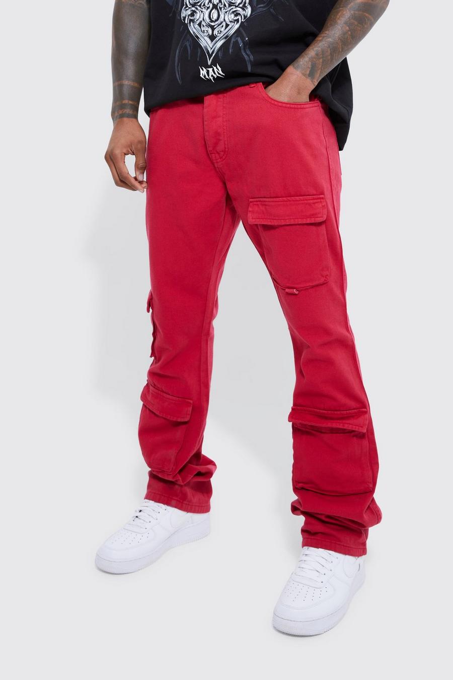 Pantalón pitillo cargo con bajo plegado y cintura fija, Red image number 1