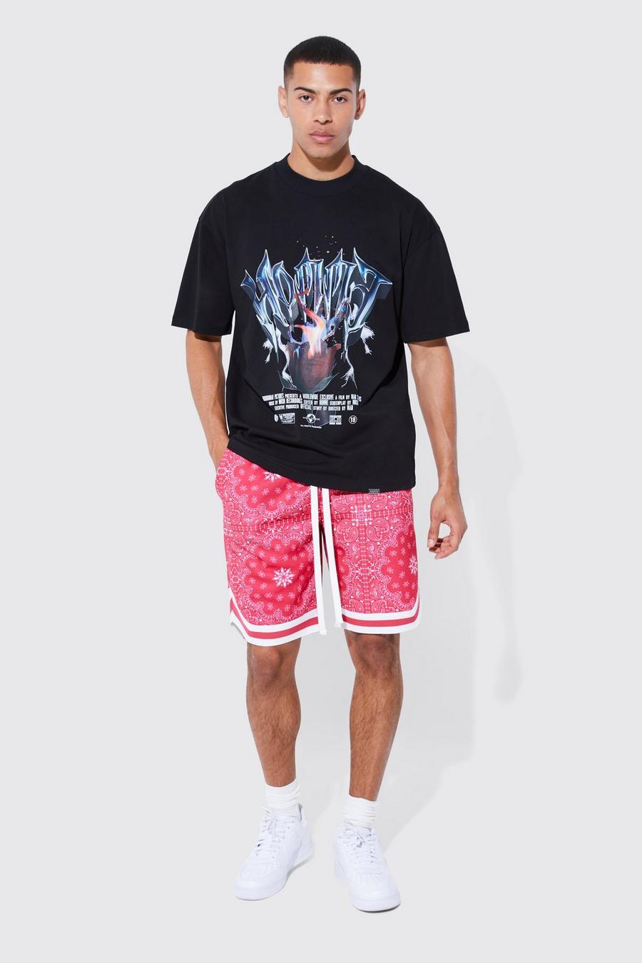 Oversize T-Shirt mit Rosen-Print & Shorts mit Bandana-Print, Pink rose