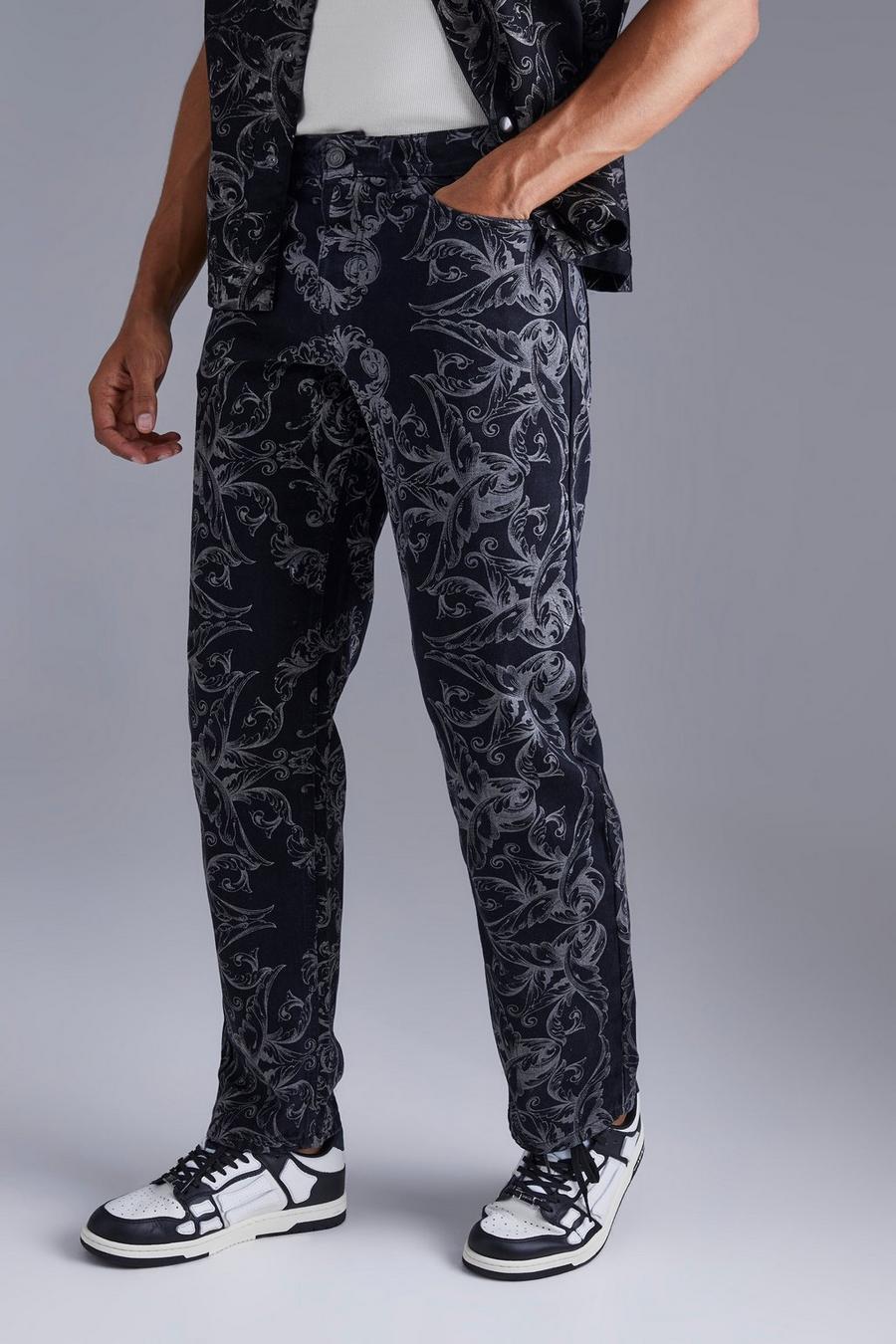 Washed black Relaxed Fit Baroque Print Jeans