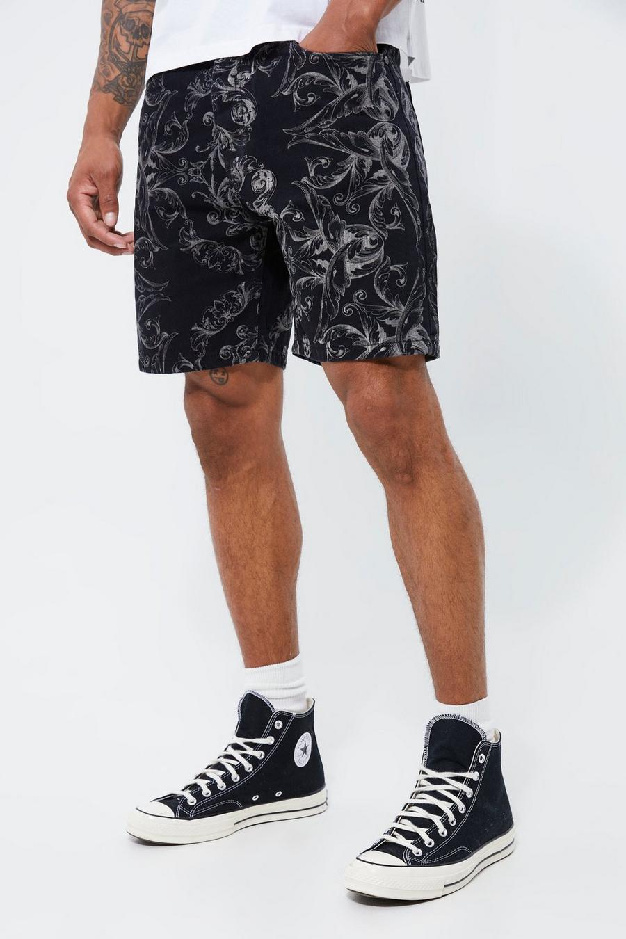 Washed black Relaxed Fit Baroque Print Denim Shorts