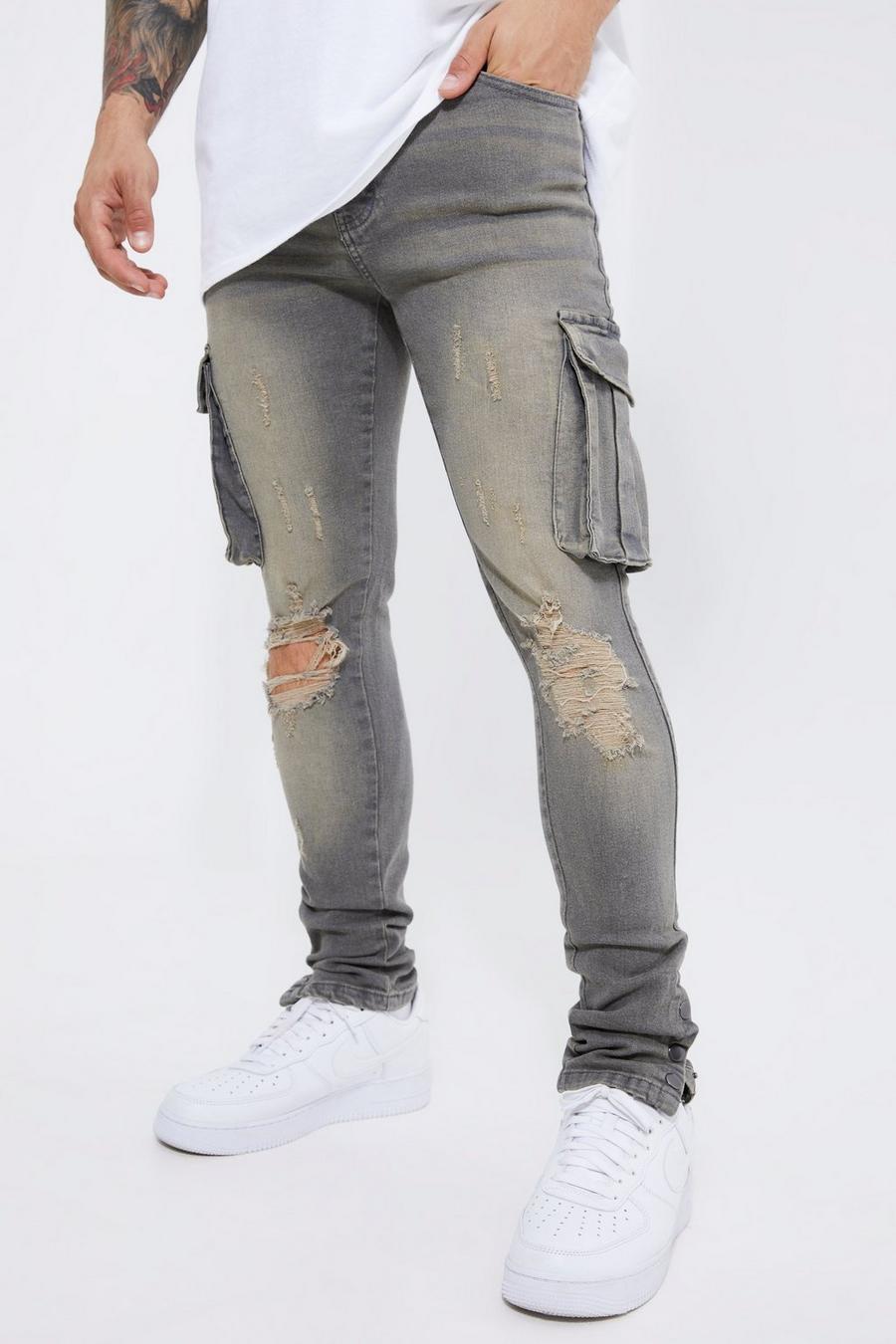 Grey Skinny Stretch Popper Hem Cargo Jeans image number 1