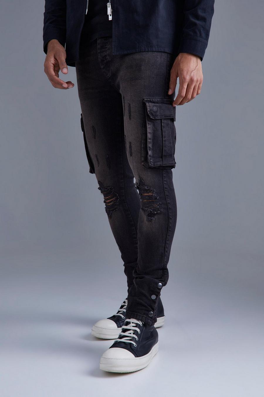 Black Skinny Stretch Popper Hem Cargo Jeans