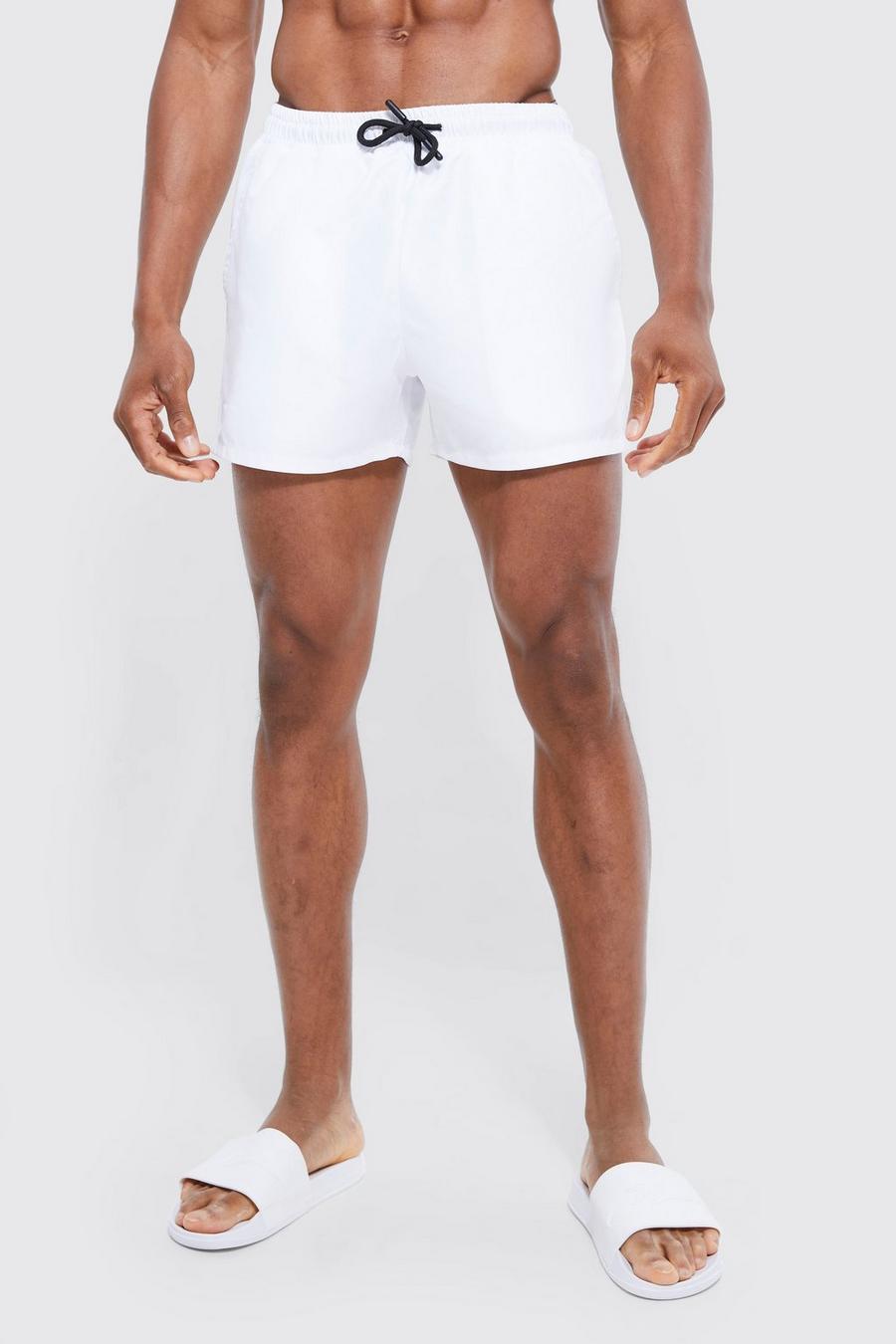 White Short Length 2 Pack Print & Plain Swim Shorts
