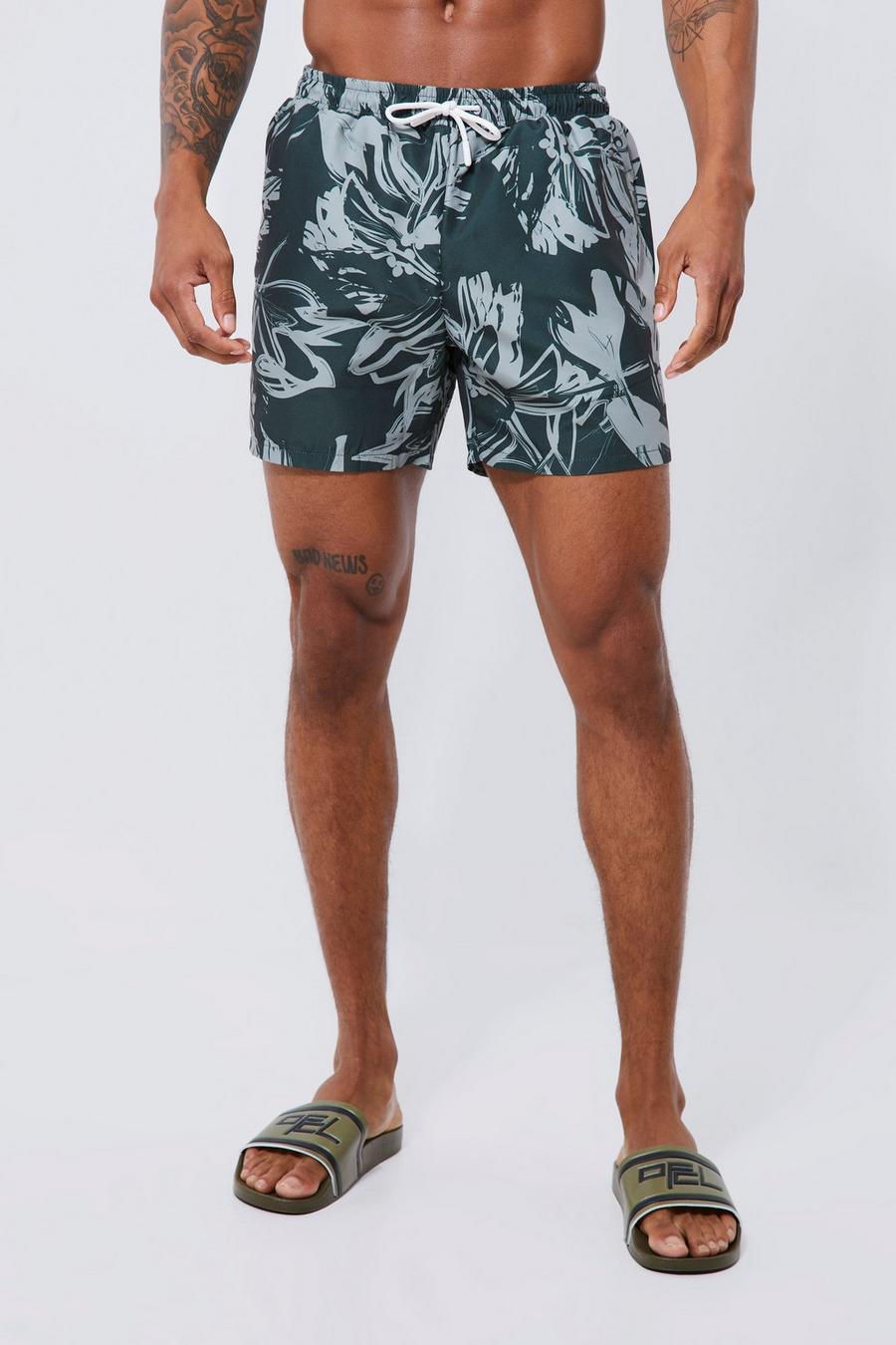 Dark green Mid Length Floral Swim Shorts
