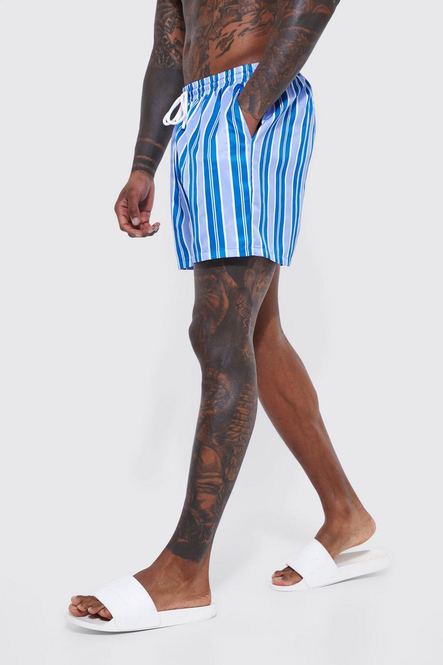 Blue Short Length Stripe Swim Shorts image number 1