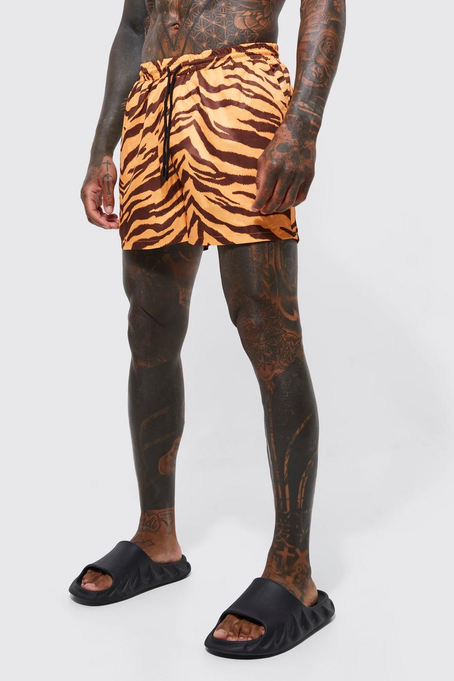 Orange Short Length Tiger Swim Shorts