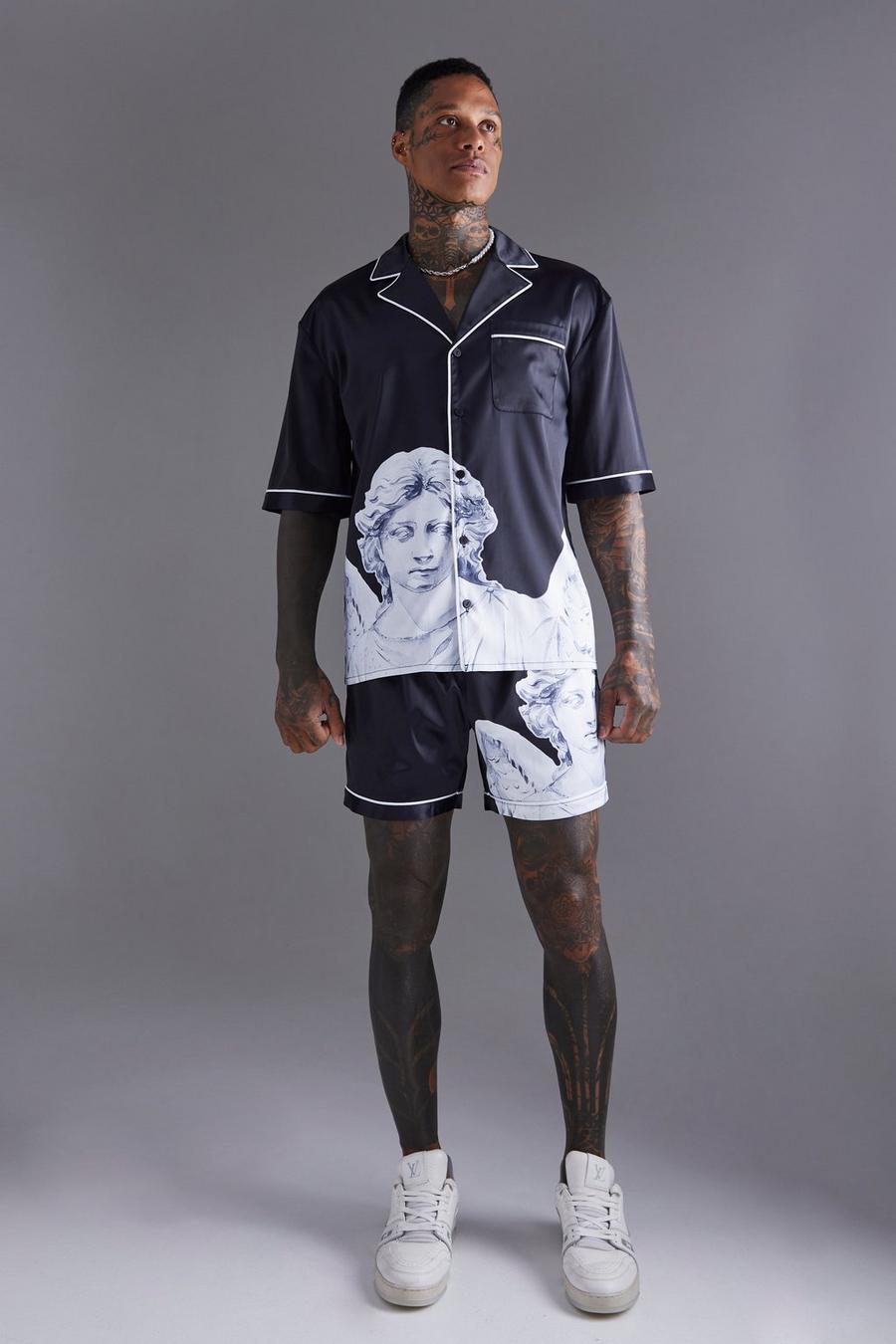Conjunto de pantalón corto de raso y manga corta con solapas, Black nero image number 1