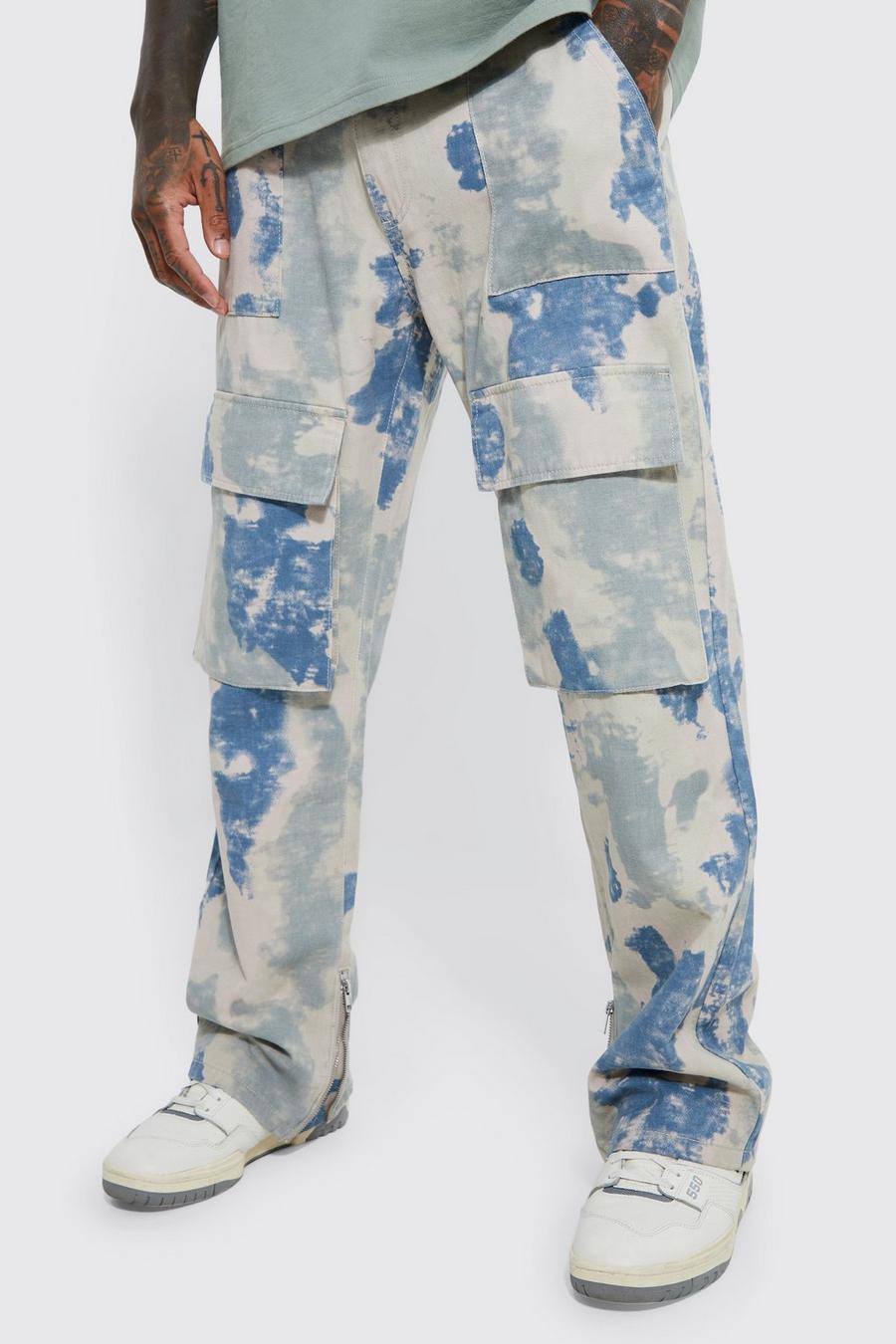 Pantalon cargo ample imprimé camouflage, Sage
