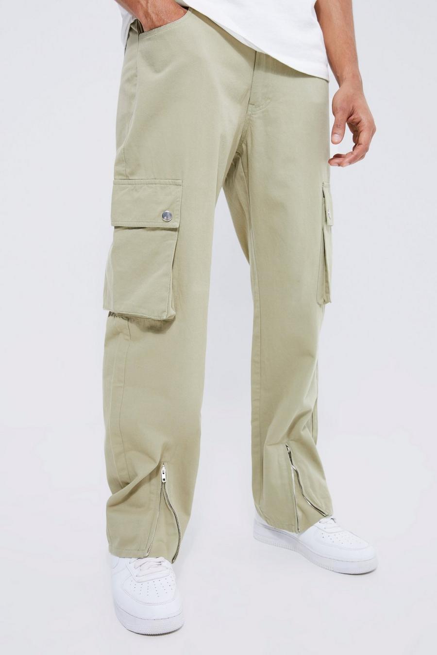 Pantalón cargo holgado con cremallera y refuerzo en el bajo, Khaki image number 1