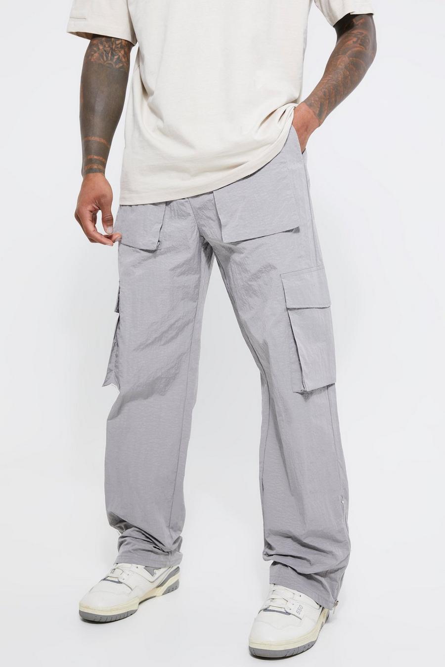 Grey Elastic Relaxed Heavy Crinkle Cargo Trouser image number 1