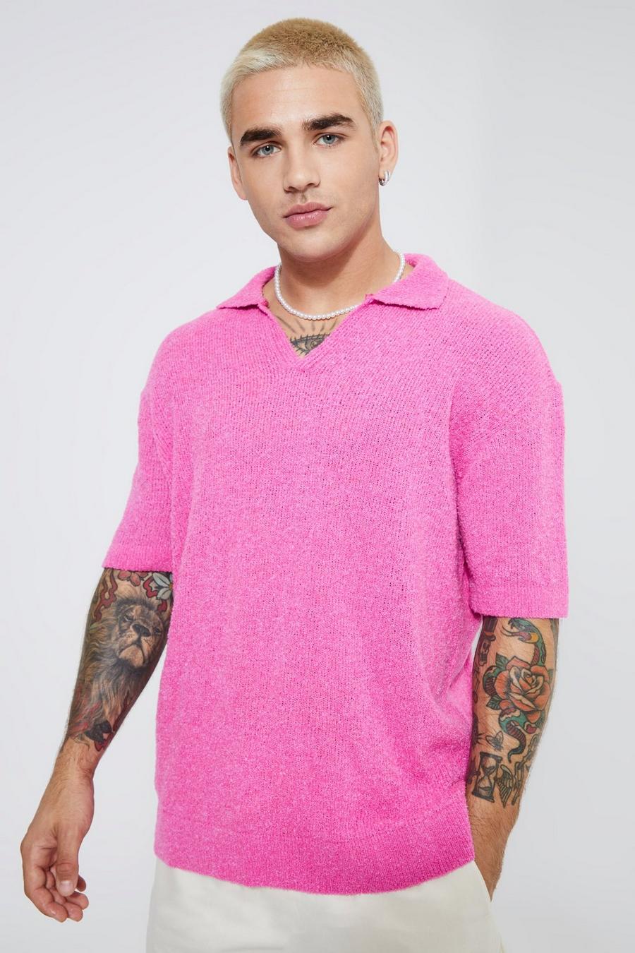 Kurzärmliges Oversize Bouclee Poloshirt, Pink