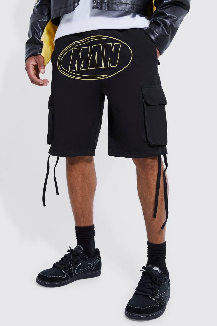 Black Fixed Waist Relaxed Cargo With Crotch Print