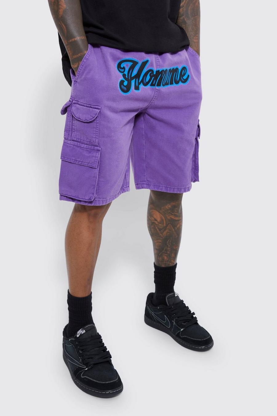 Purple lila Fixed Waist Relaxed Cargo Short With Print