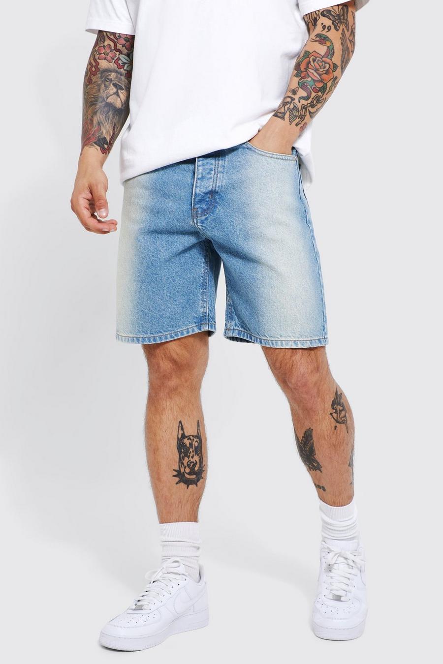 Mid blue Relaxed Rigid Washed Panel Denim Shorts image number 1
