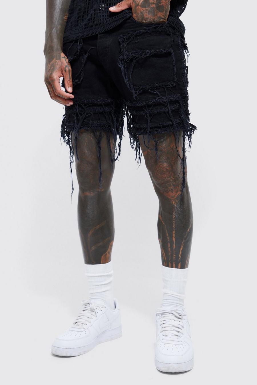Black nero Slim Rigid Frayed Panel Denim Shorts
