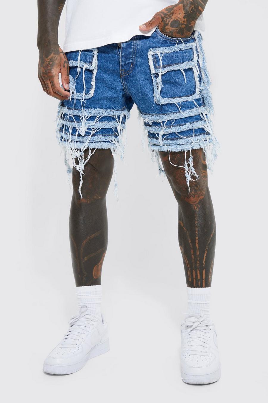 Light blue Slim Rigid Frayed Panel Denim Shorts
