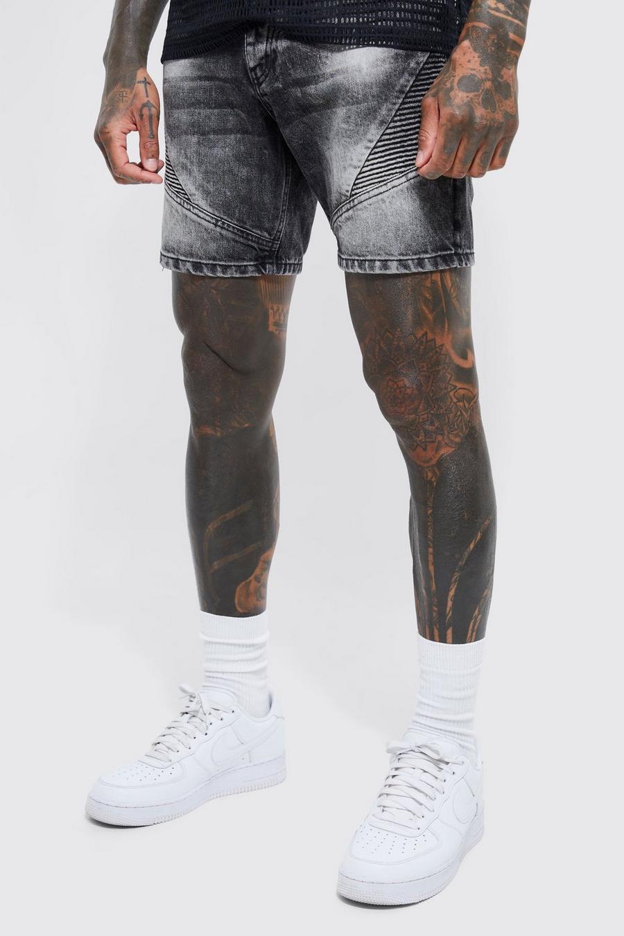 Washed black Slim Stretch Biker Detail Denim Shorts