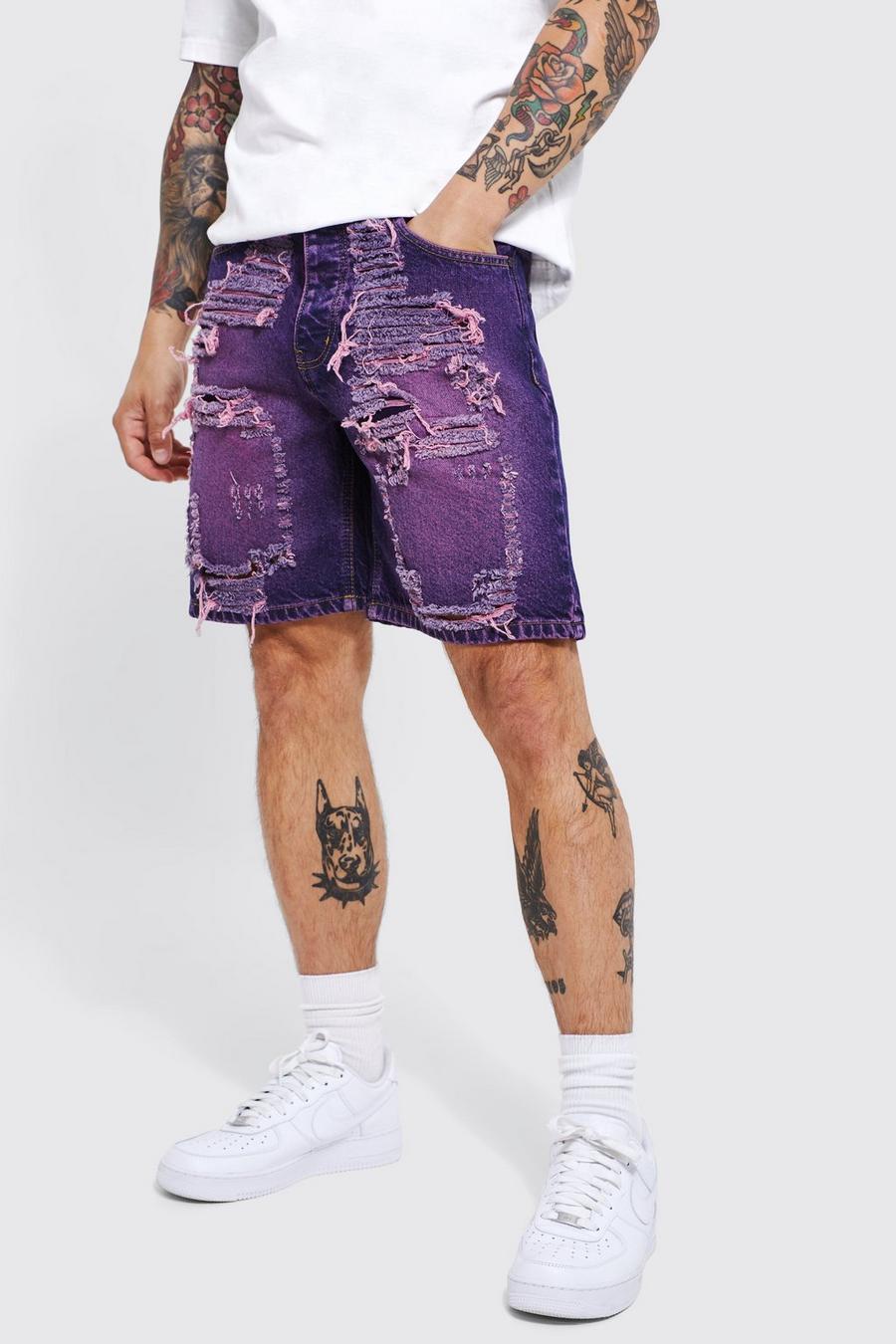Purple lila Relaxed Rigid Rip And Repair Denim Shorts image number 1