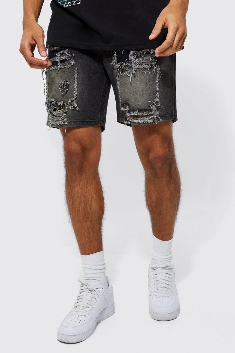 Washed black Relaxed Rigid Rip And Repair Denim Shorts image number 1