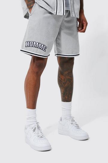 Relaxed Fit Elastic Waist Varsity Denim Shorts ice grey