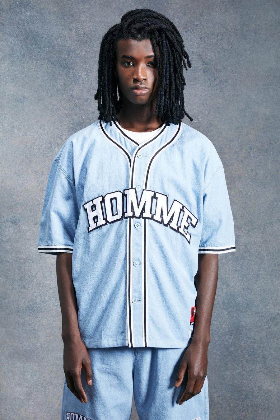 Ice blue Homme Denim Varsity Baseball Overhemd