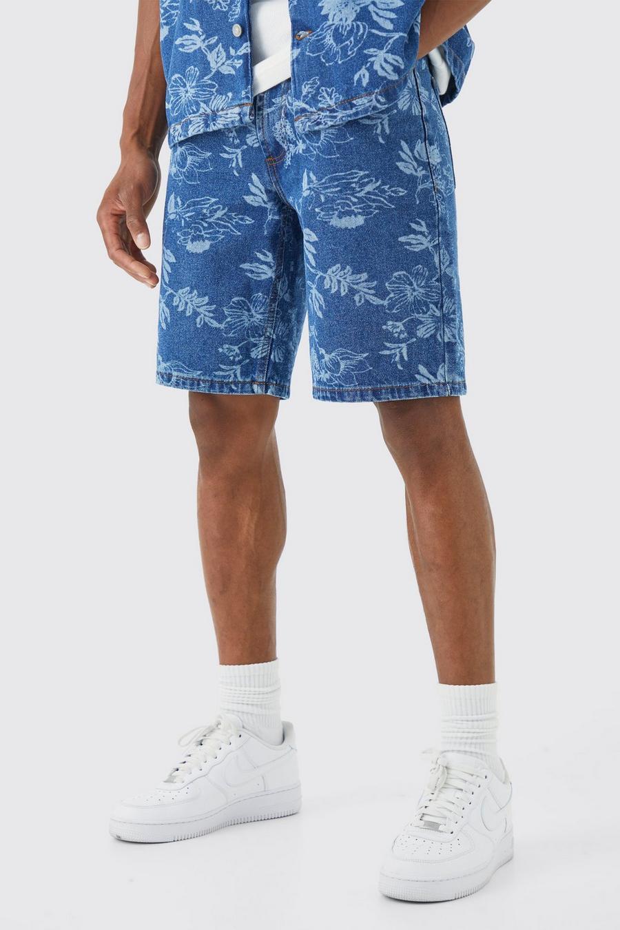 Mid blue blå Straight Rigid Floral Laser Print Denim Shorts