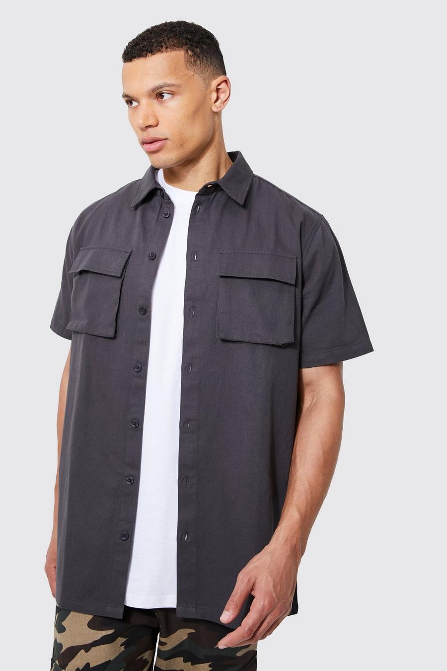 Tall kurzärmliges Utility-Overshirt, Charcoal grey