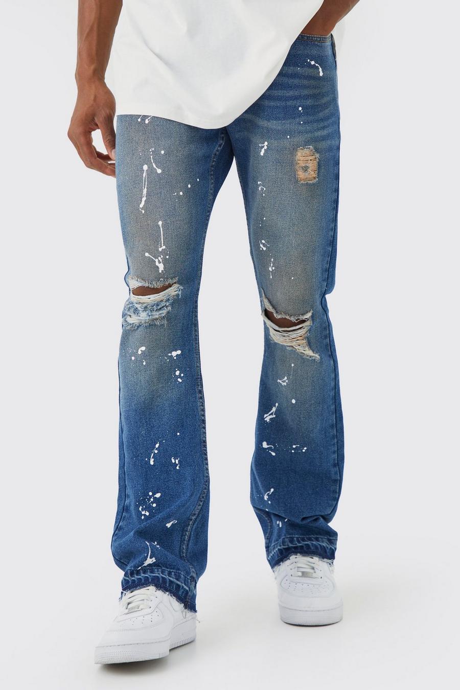 Jeans a zampa Slim Fit con strappi sul ginocchio, Antique blue image number 1