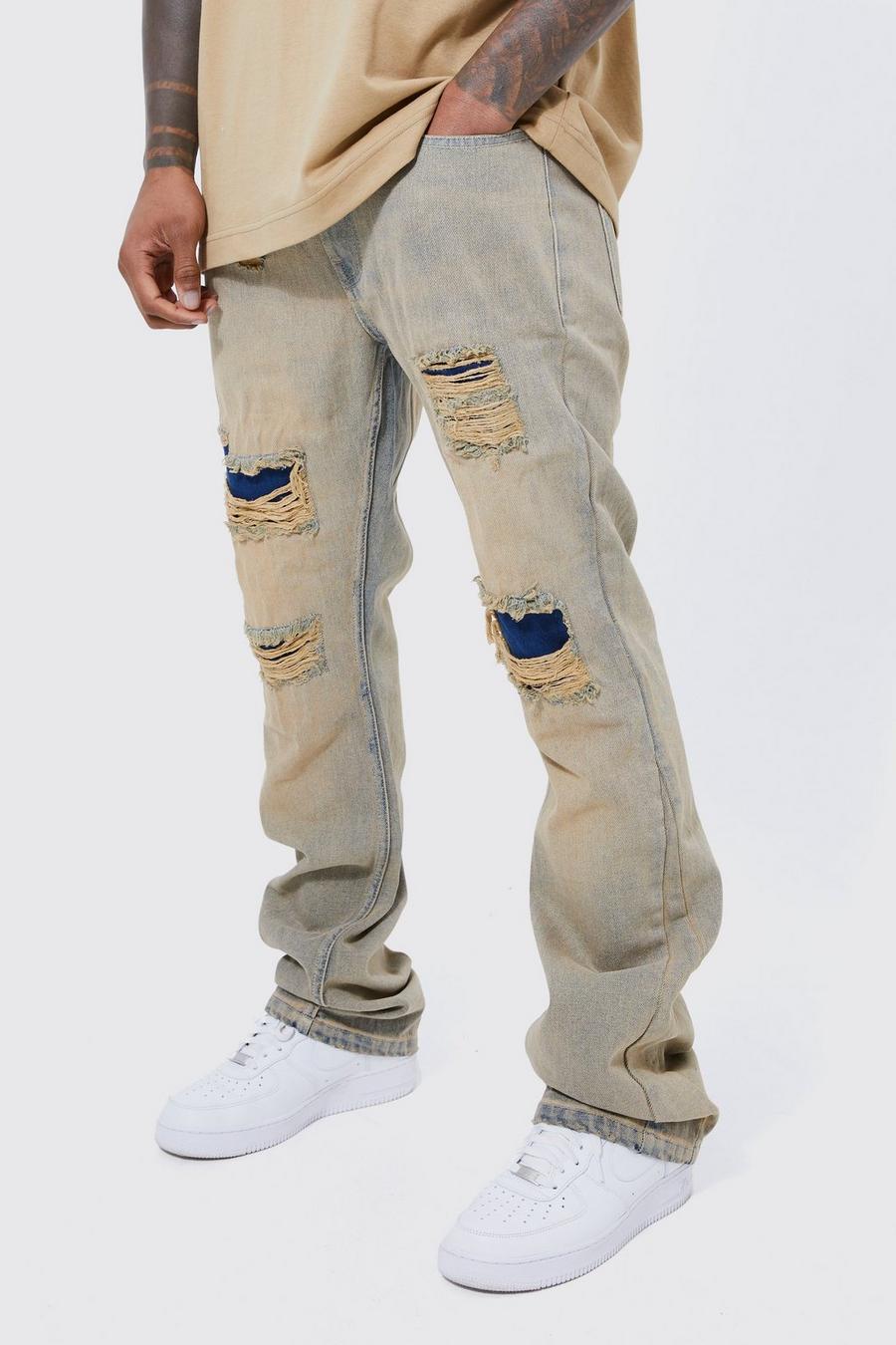 Jeans a zampa Slim Fit con strappi & rattoppi, Petrol image number 1