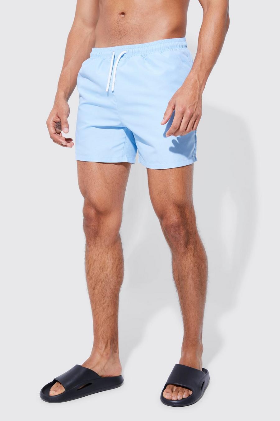 Light blue Mid Length Plain Swim Shorts image number 1