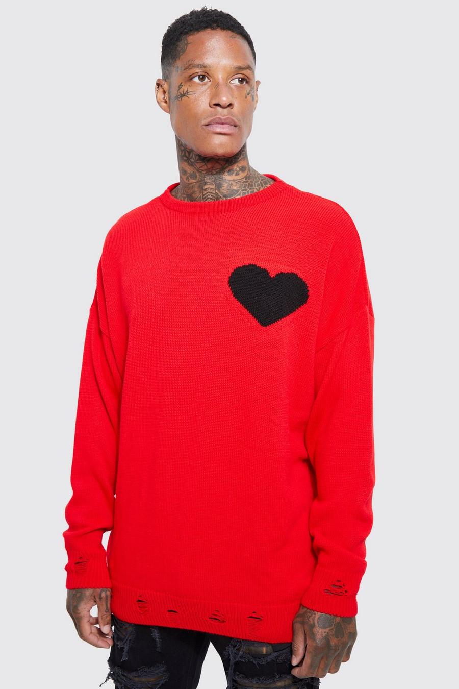 Red Oversized stickad tröja med hjärta image number 1