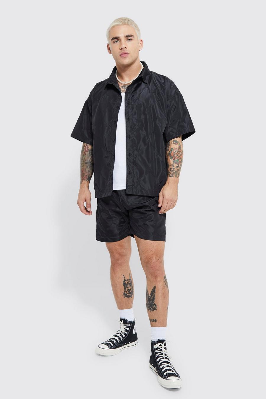 Black Short Sleeve Boxy Quilted Shirt & Short Set image number 1