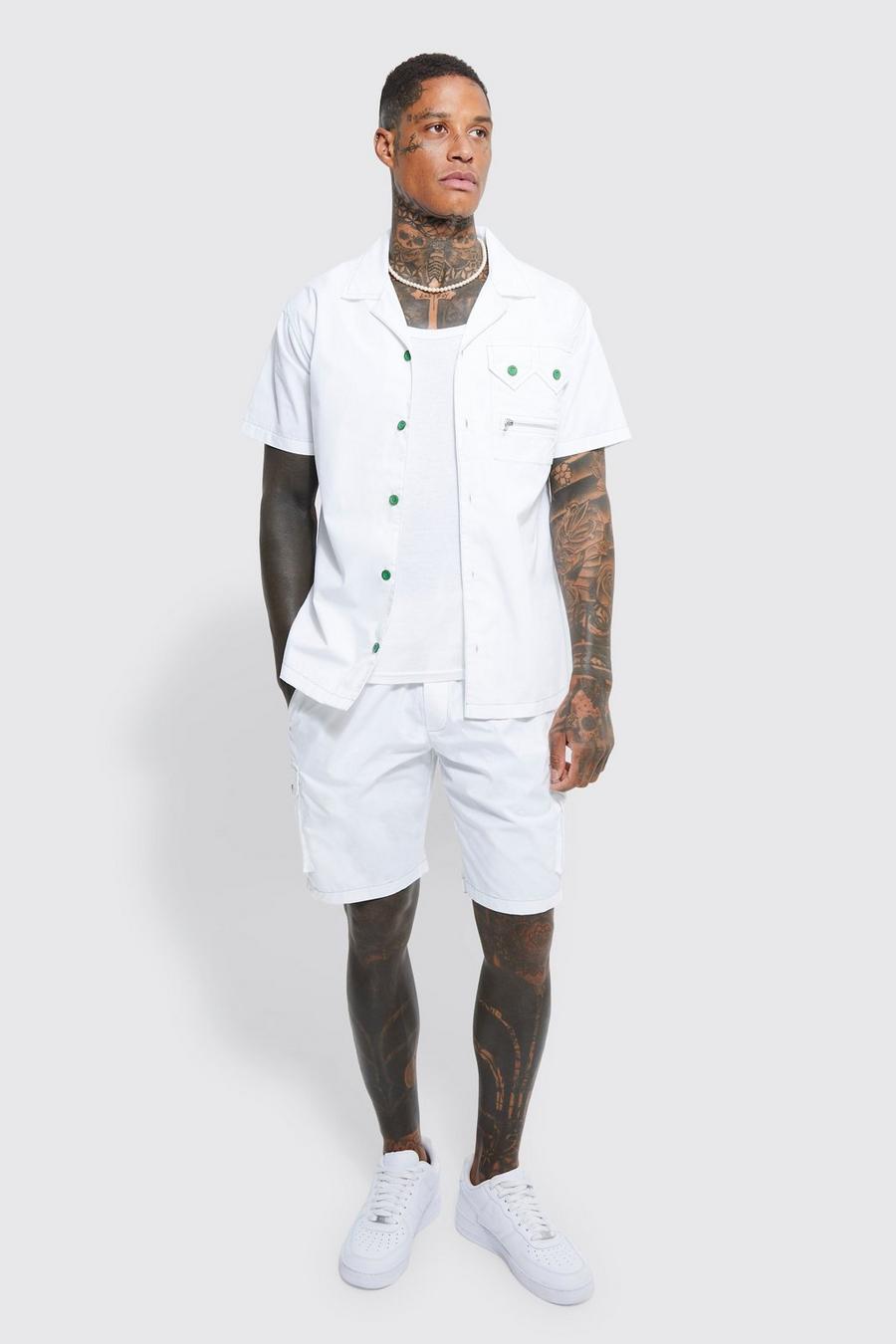 White vit Short Sleeve Revere Contrast Stitch Shirt & Cargo Short Set