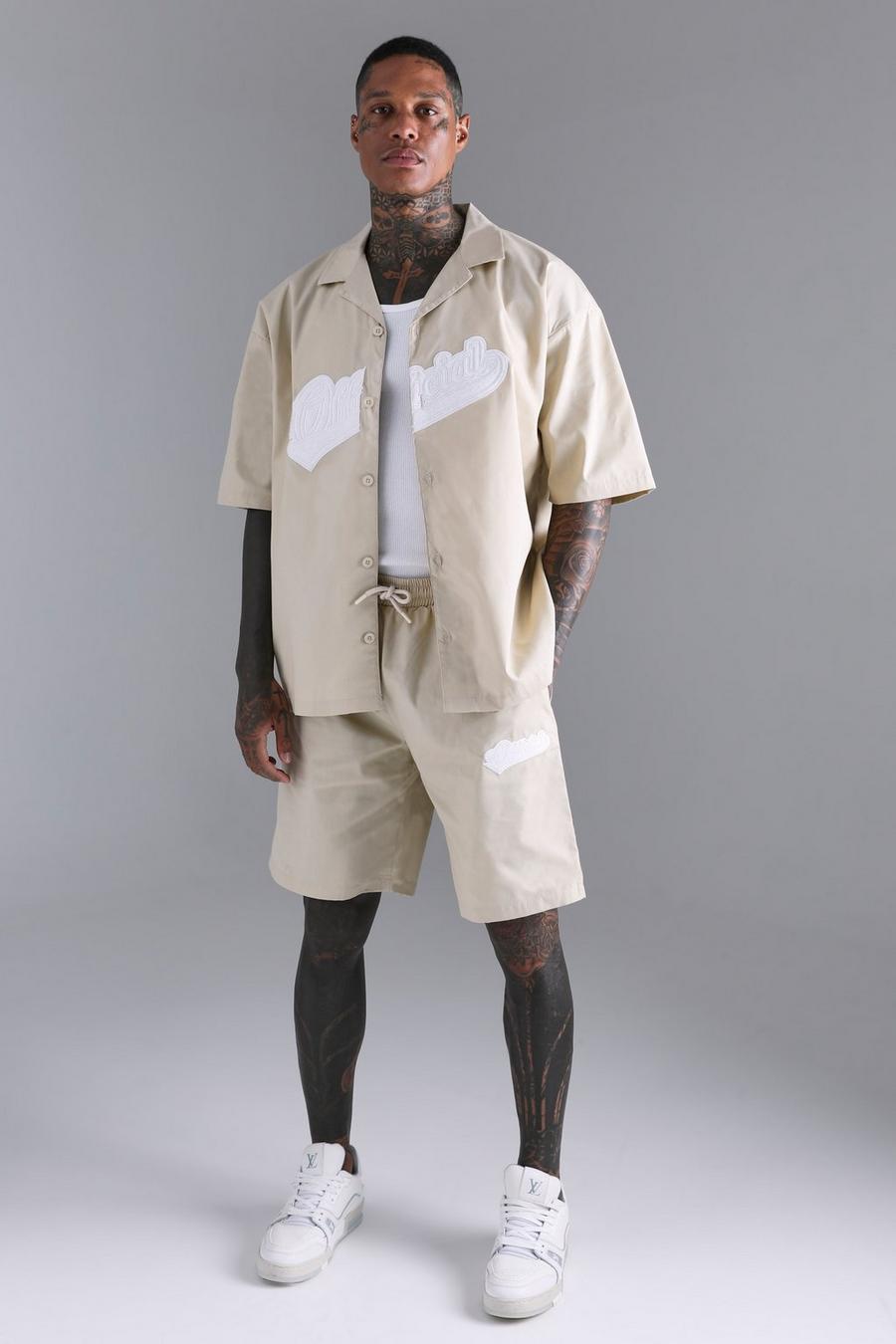 Stone beige Short Sleeve Oversized Revere Official Shirt & Short Set