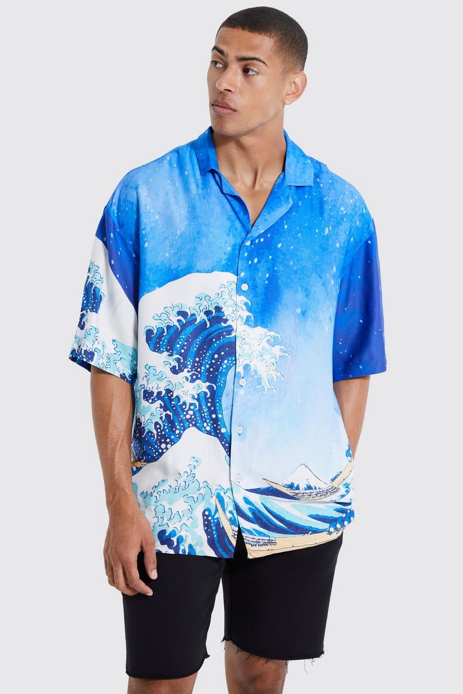 Blue blau Short Sleeve Oversized Boxy Viscose Wave Shirt
