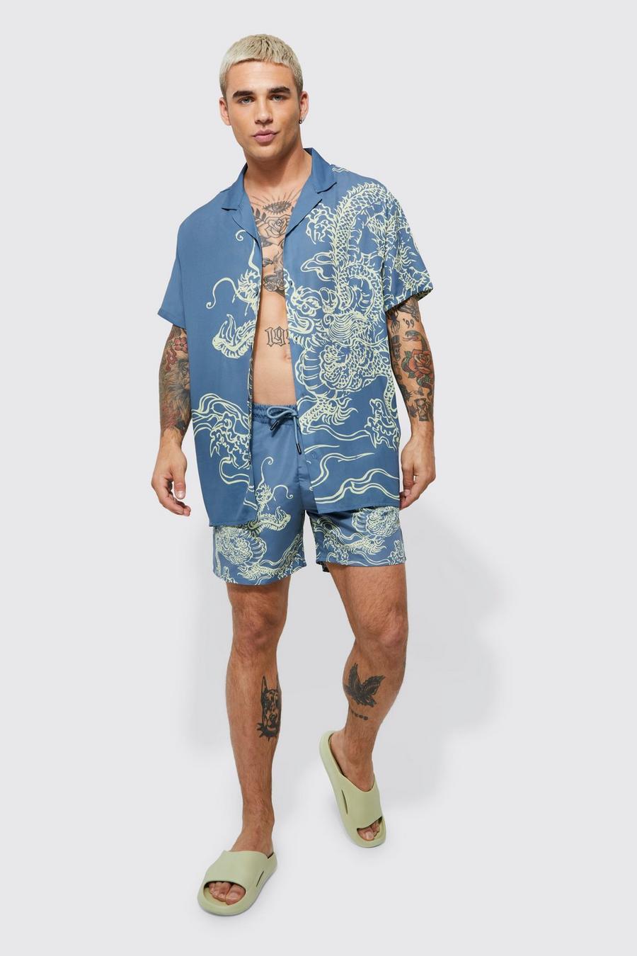 Blue Short Sleeve Oversized Dragon Placement Shirt & Swim image number 1
