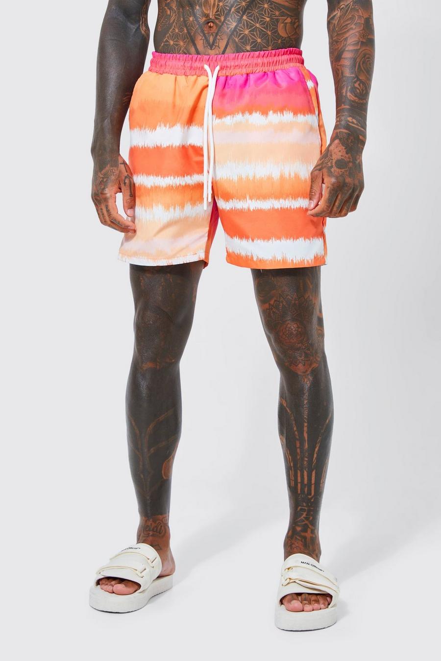 Orange Mid Length Blurred Stripe Swim Shorts image number 1
