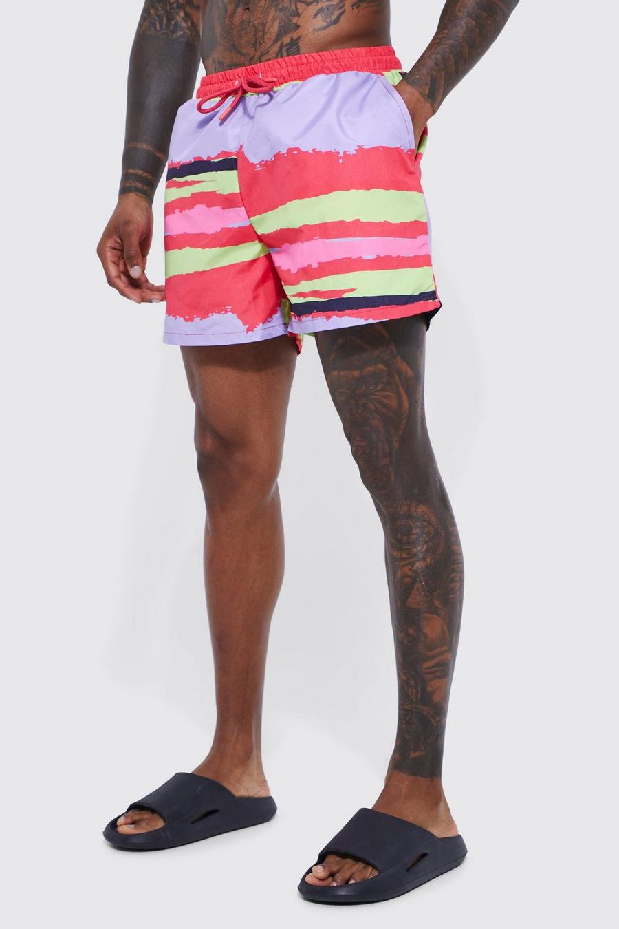 Lilac Short Length Blurred Stripe Swim Shorts image number 1
