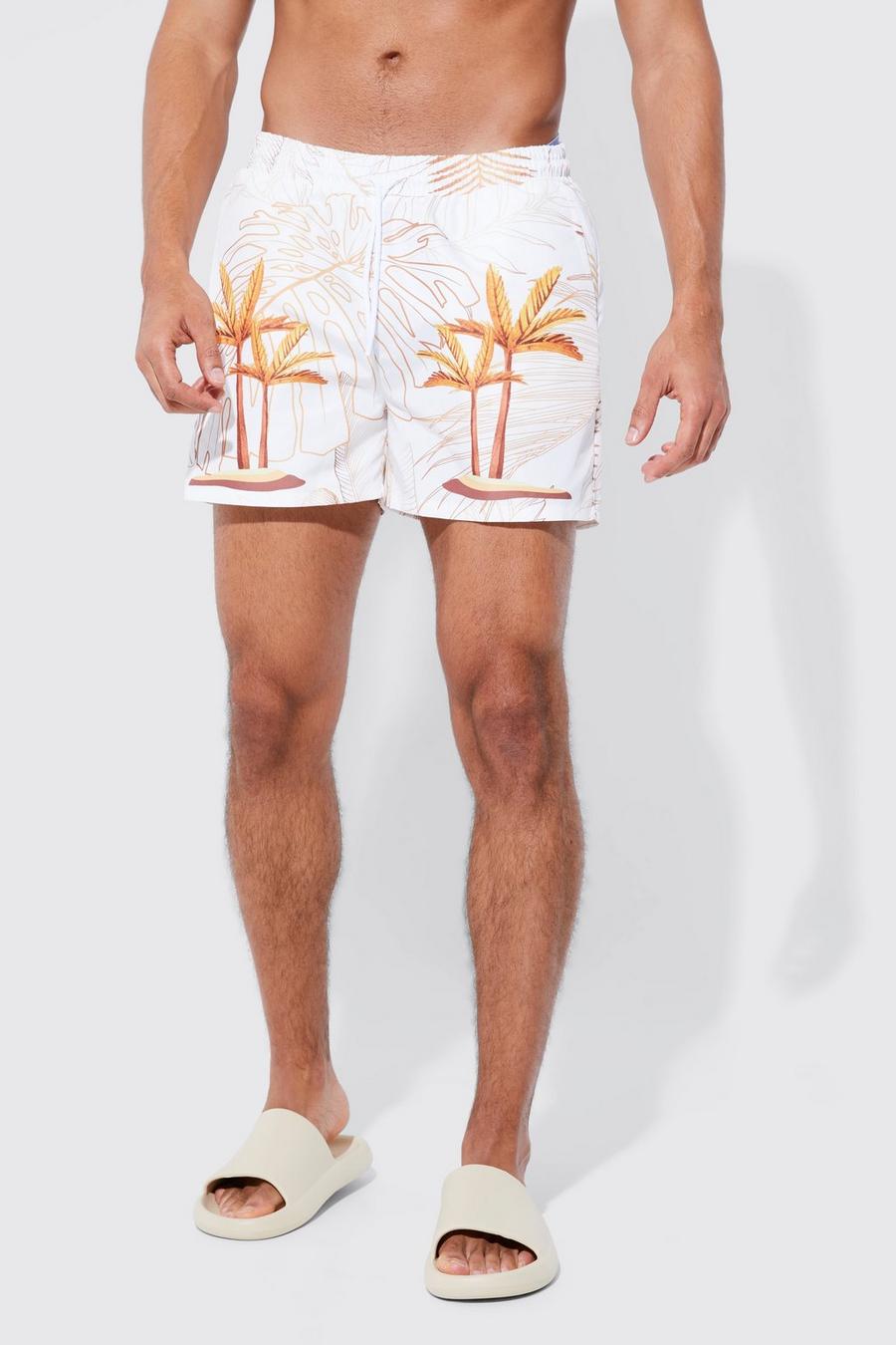 Ecru Short Length Palm Swim Shorts