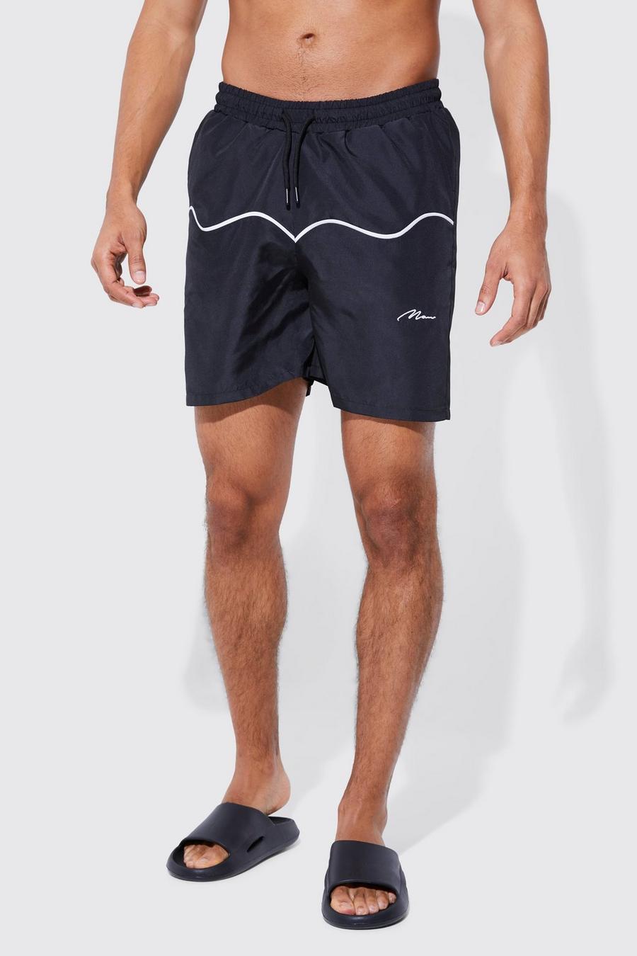 Black Mid Length Official Man Piping Swim Shorts image number 1
