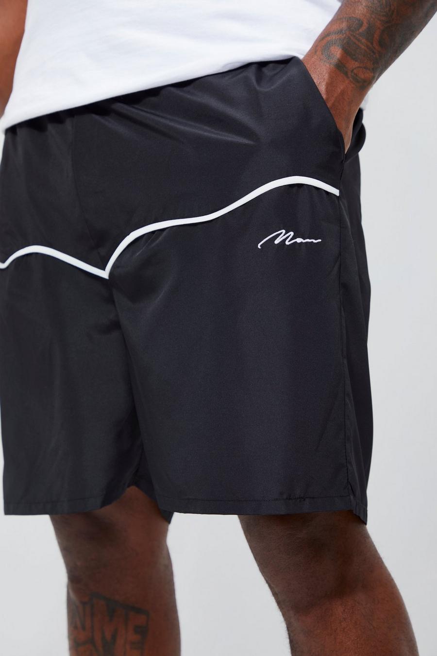 Plus Mid Length Official Man Piping Swim Shorts, Black negro image number 1