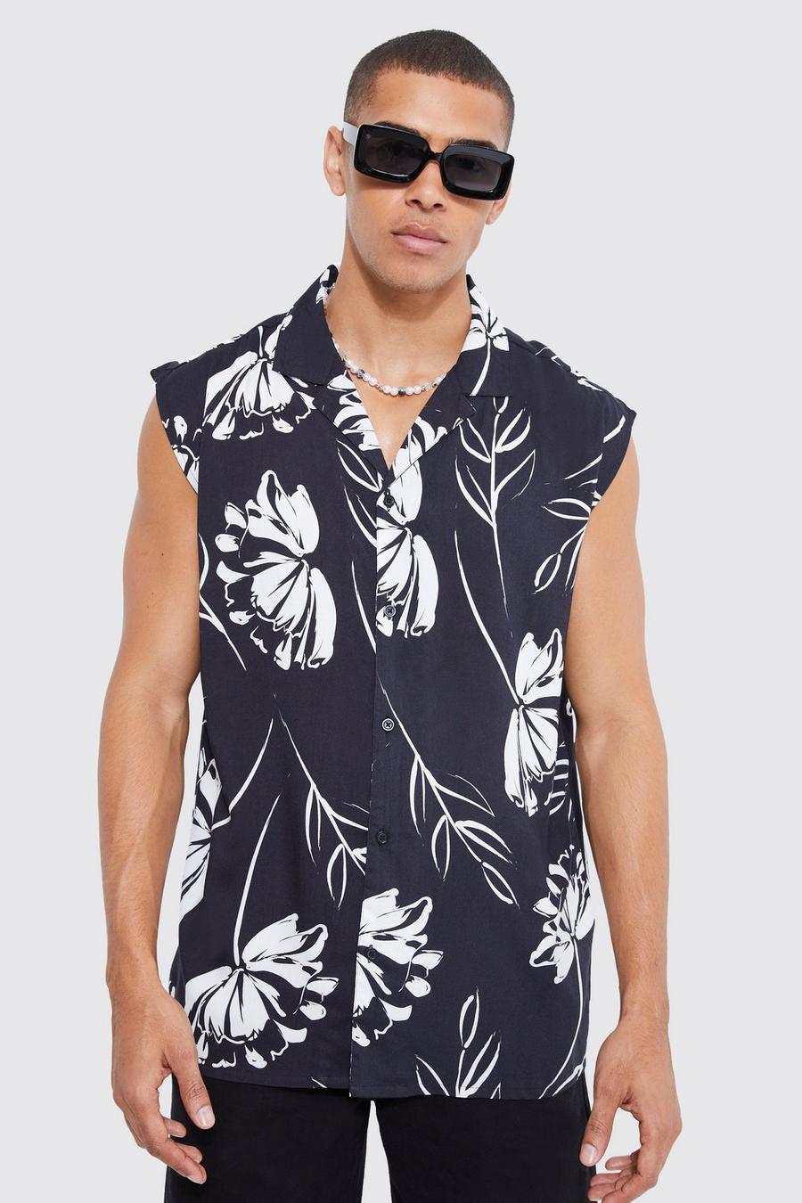 Black Short Sleeve Oversized Tonal Floral Viscose Shirt image number 1
