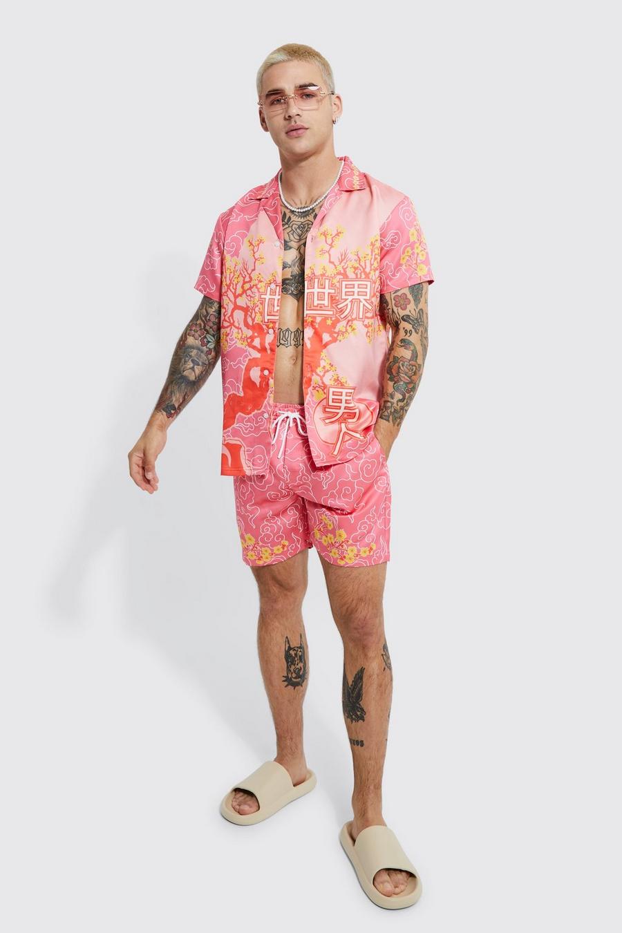 Camicia a maniche corte in raso con paesaggi Homme & pantaloncini, Pink rosa image number 1