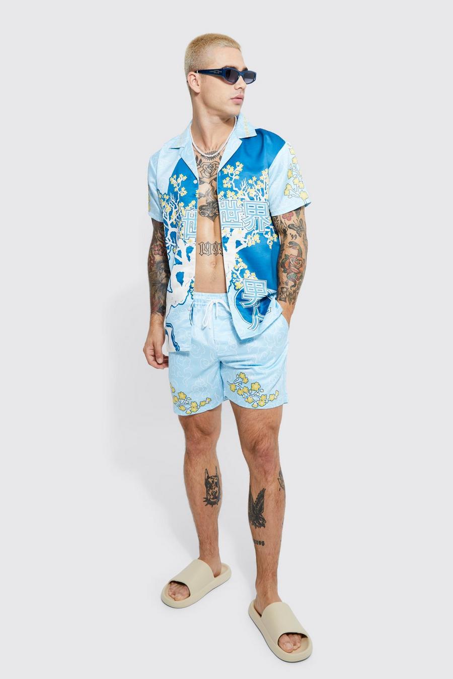 Kurzärmliges Satin Homme-Hemd & Shorts, Pale blue