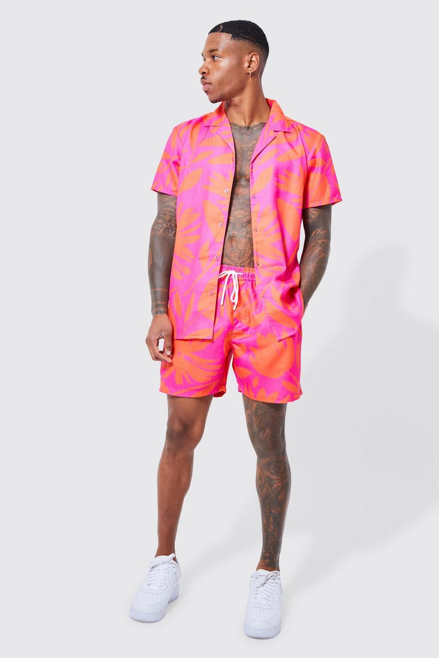 Camicia a maniche corte in tessuto fiammato a fiori & pantaloncini, Pink image number 1