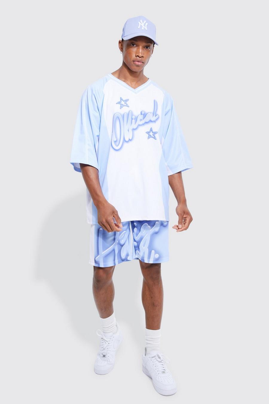Light blue Official Mesh T-Shirt Met V-Hals En Shorts Set